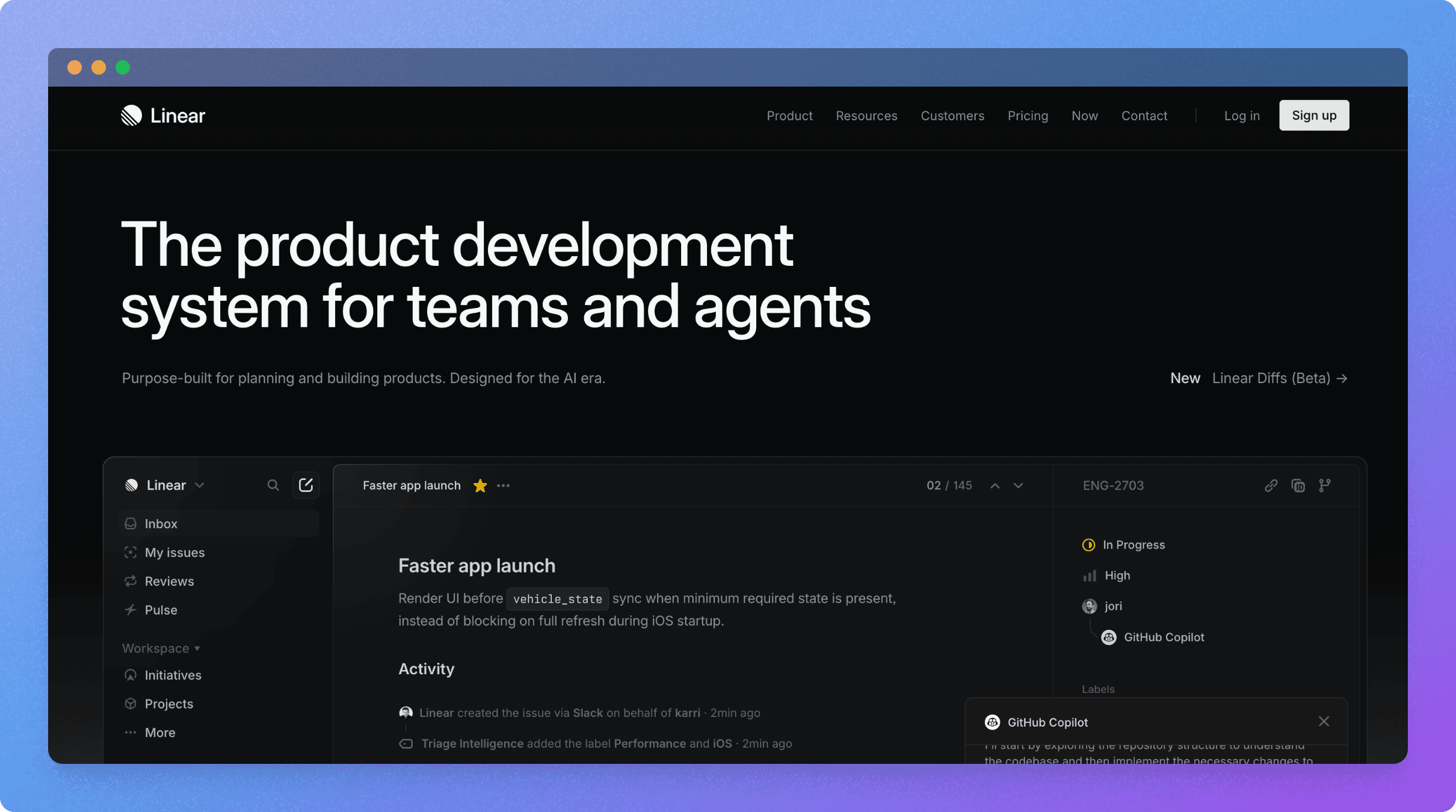 linear homepage displaying the product development related features