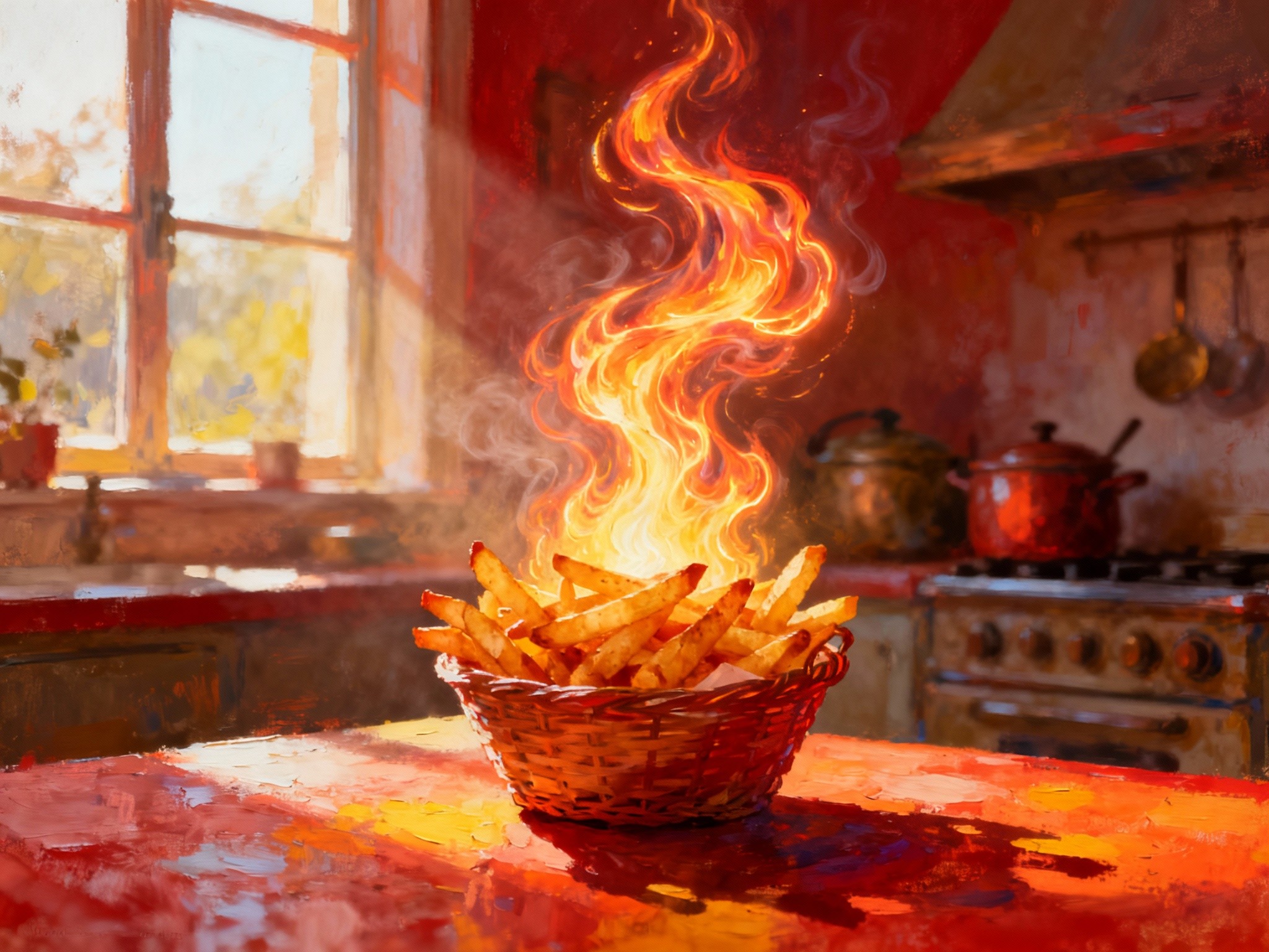 A fine-art illustration in a format depicting a surreal kitchen scene bathed in soft morning light