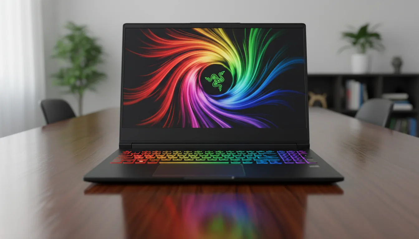 DSLR product photograph of a modern, matte black Razer laptop placed centrally on a reflective dark wooden table. The laptop is open, its screen displaying a vibrant swirling abstract wallpaper of rainbow-colored light trails with a glowing green serpentine logo at its center. The keyboard is illuminated with a bright RGB rainbow gradient. The scene is shot with a shallow depth of field, using soft, diffused daylight that highlights the laptop's metallic texture, while the background remains in a soft bokeh.