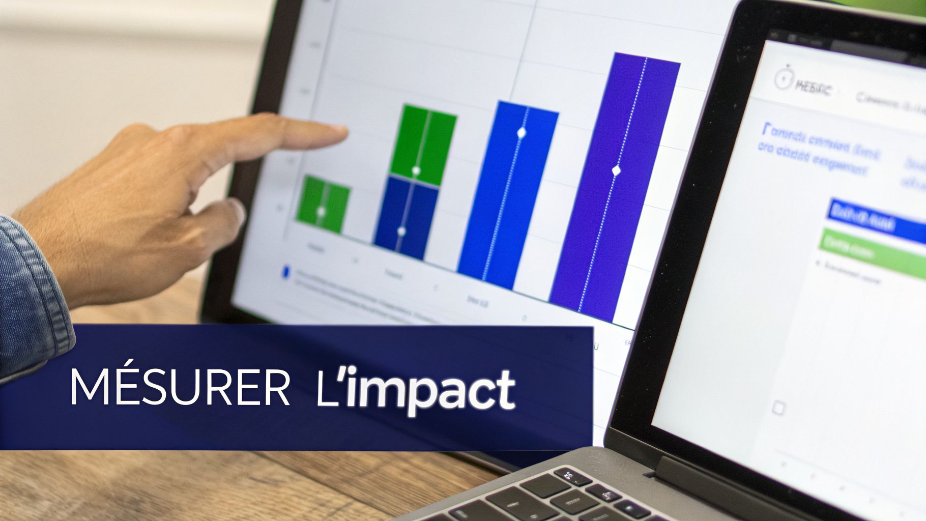Une main pointe un graphique de données sur une tablette, symbolisant la mesure de l'impact avec un ordinateur portable à proximité.