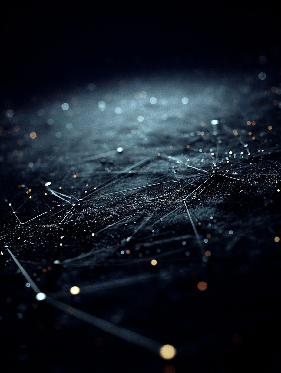 Abstract close-up of a dark digital network made of fine connecting lines and scattered glowing points, suggesting carrier connectivity, integration, and data exchange.