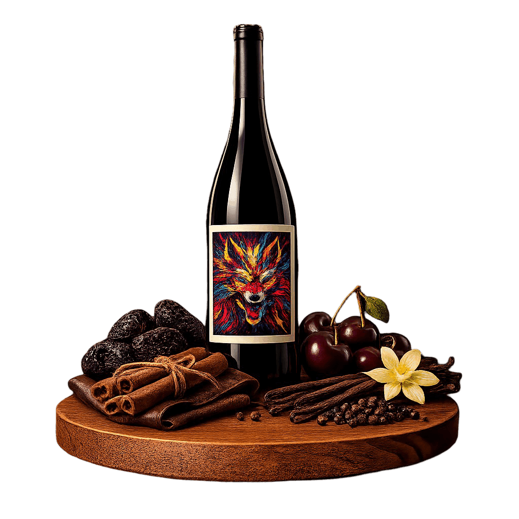 Artistic label and flavor profile for Dealu Mare Red on a rustic wooden table.