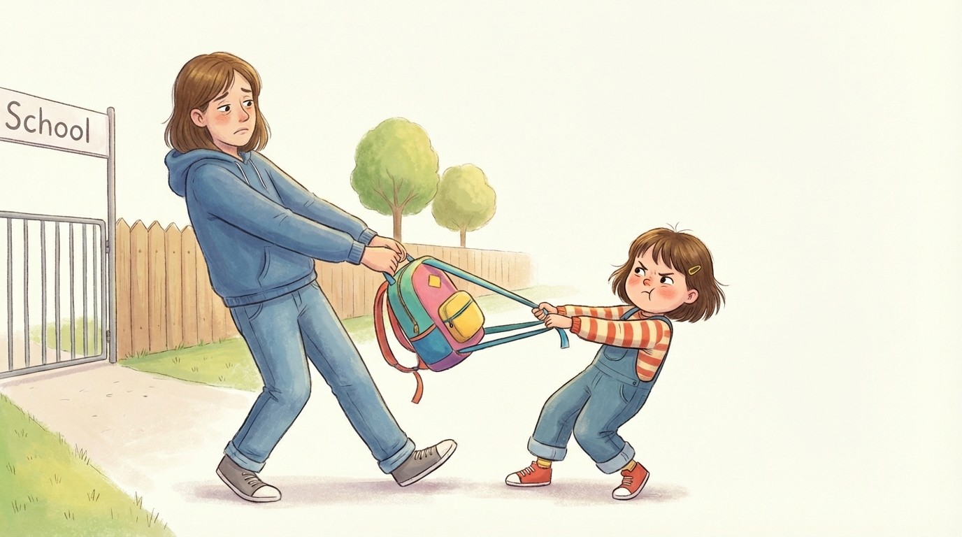 Confident primary school child waving goodbye to parent at school gates with a smile, showing successful separation