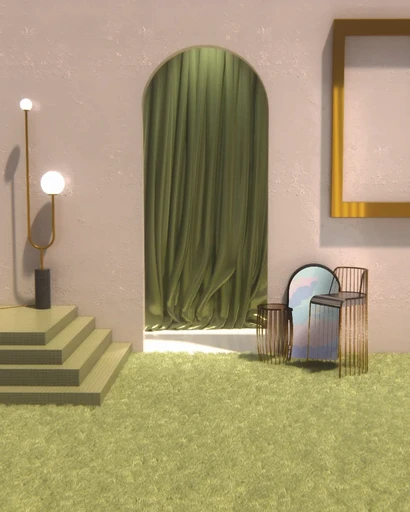 A room with a green curtain and a chair.