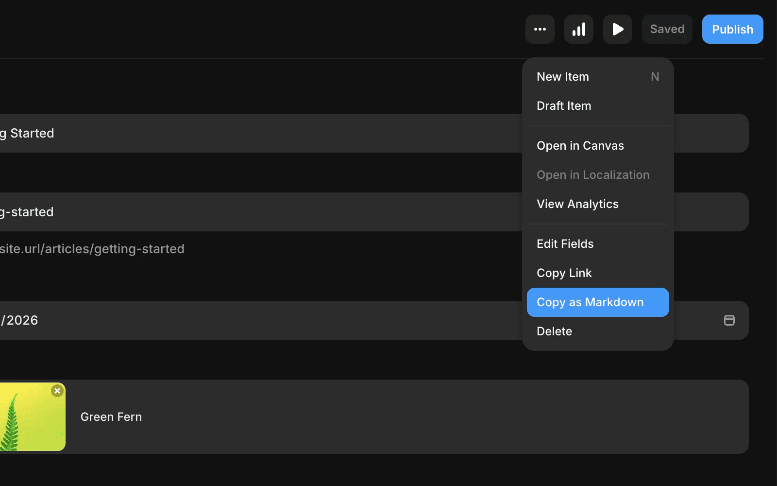 Screenshot of the CMS menu (•••) with “Copy as Markdown” selected, showing how to export a CMS item’s content as Markdown.