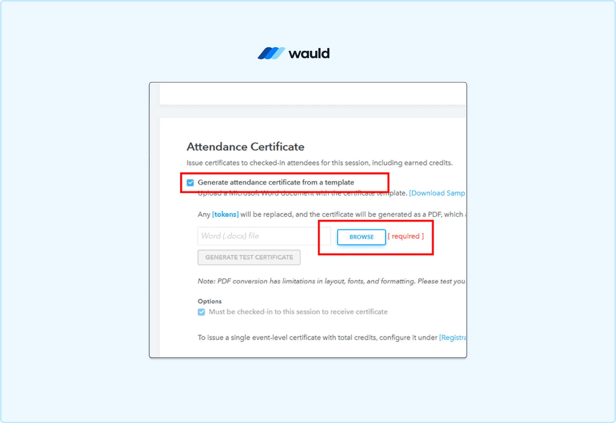 Eventleaf attendance certificate settings displaying template generation option and Word document upload field for certificate creation.