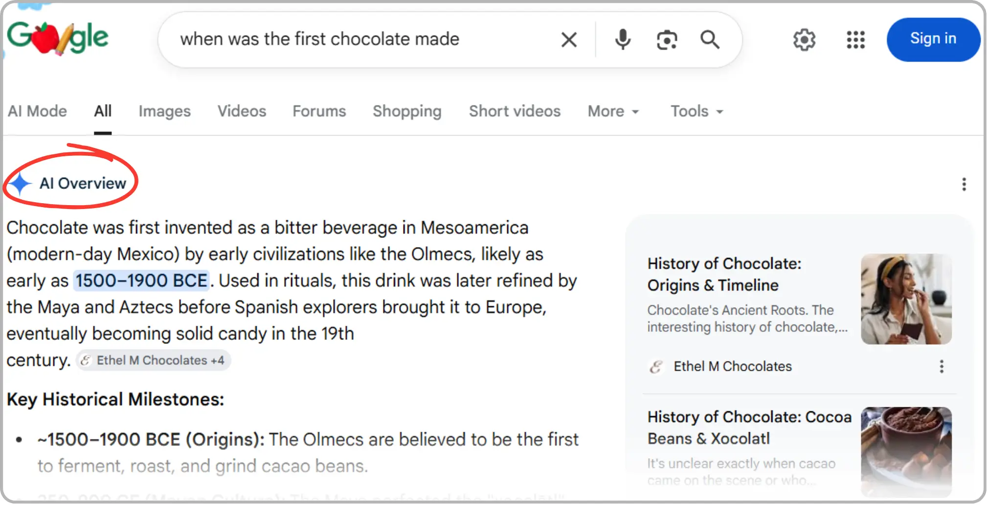 Google AI Overview providing a historical timeline of chocolate's origins