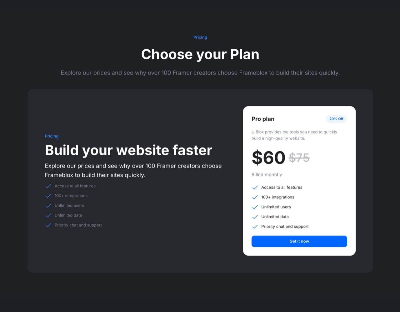 Framer Dark Pricing Section - Frameblox UI