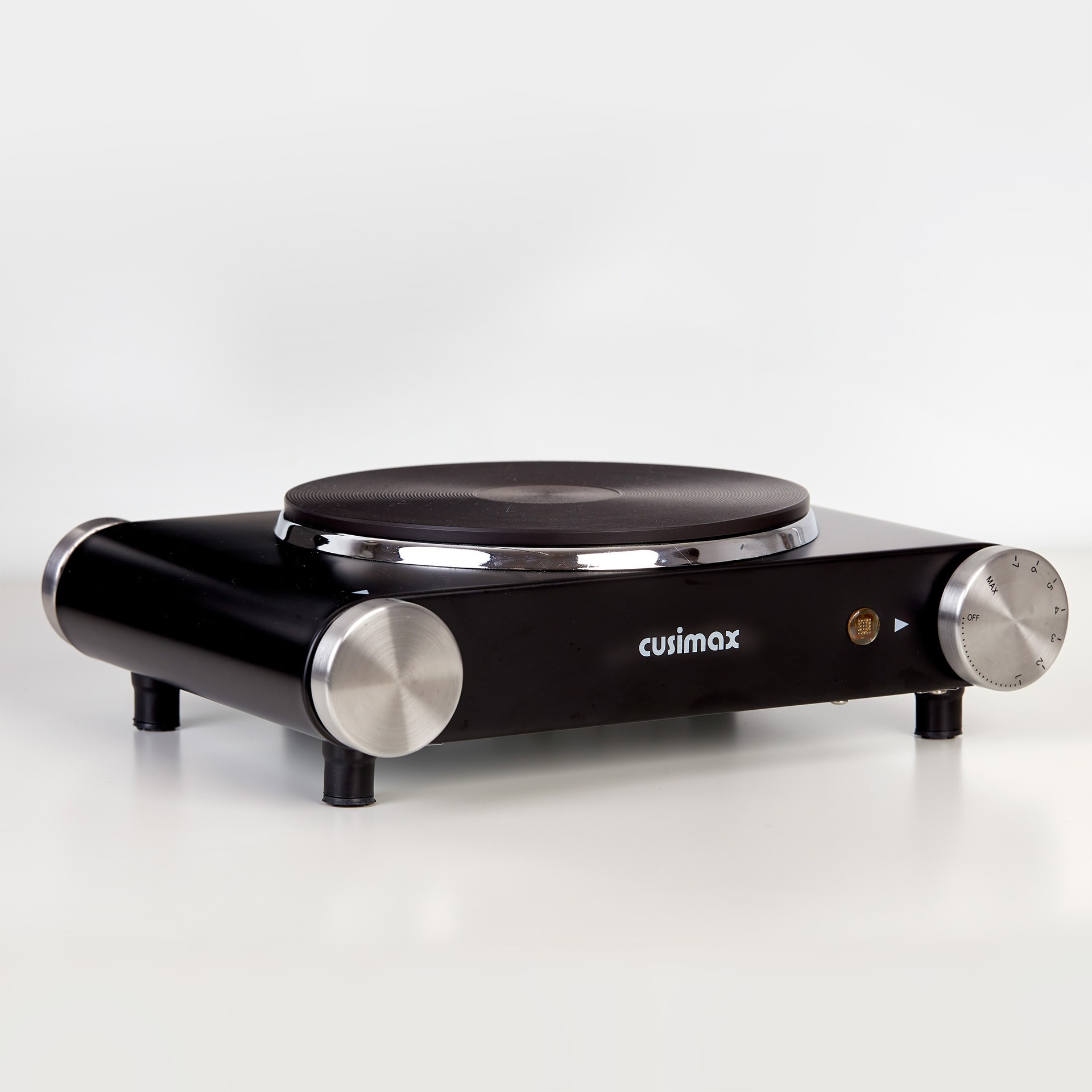 A sleek black Cusimax electric hot plate with a single burner, featuring a power dial and stainless steel detailing, set against a plain white background.
