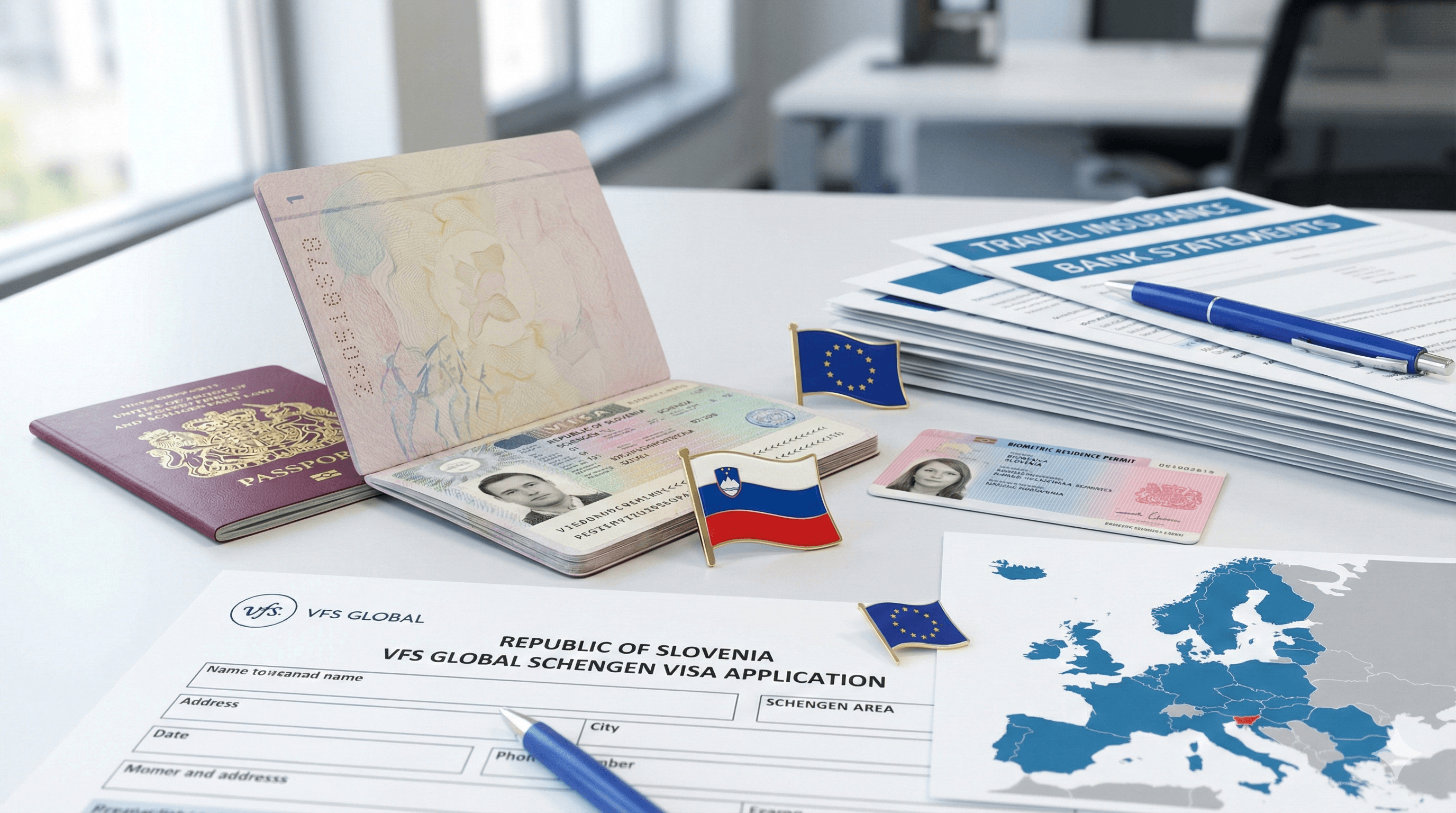 Slovenia Schengen visa application documents including passport, travel insurance certificate, UK residence permit share code, and bank statements for VFS Global appointment