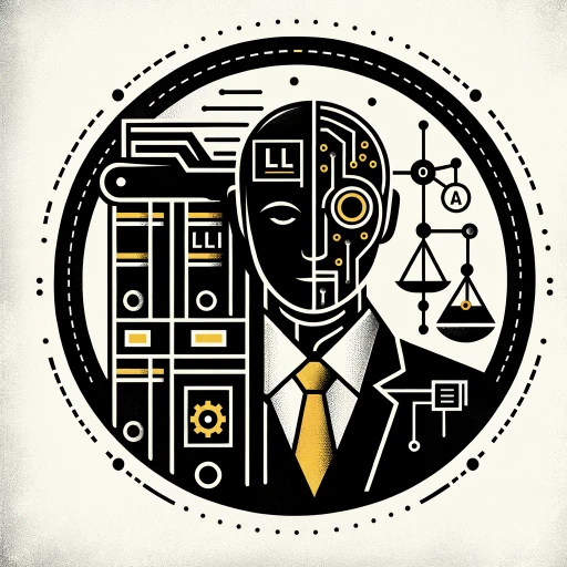 The image features a schematic and minimalist design with a humanoid figure on the right, half of its face and brain illustrated with digital, circuit-like patterns representing an AI Lawyer. On the left side, there are vertically arranged file drawers morphing into a digital database, symbolizing the LLM (Legal Knowledge Management) system. The figure is adorned with a suit and tie, with the tie having a touch of yellow. Behind the figure are scale balances, evoking the legal field, and various legal and digital icons encircle the entire design, conveying the integration of technology in law. Black, white, and yellow are the predominant colors, used to create a stark, modern contrast while highlighting the transformative impact of these technologies on the legal profession.
