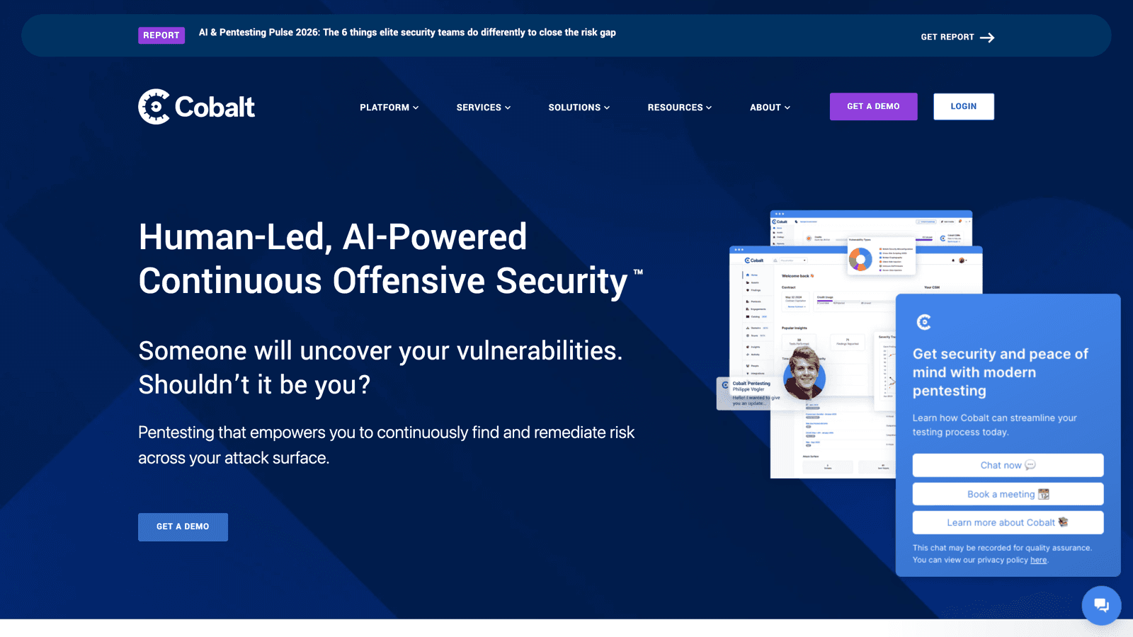 Cobalt homepage with the headline Human-Led, AI-Powered Continuous Offensive Security