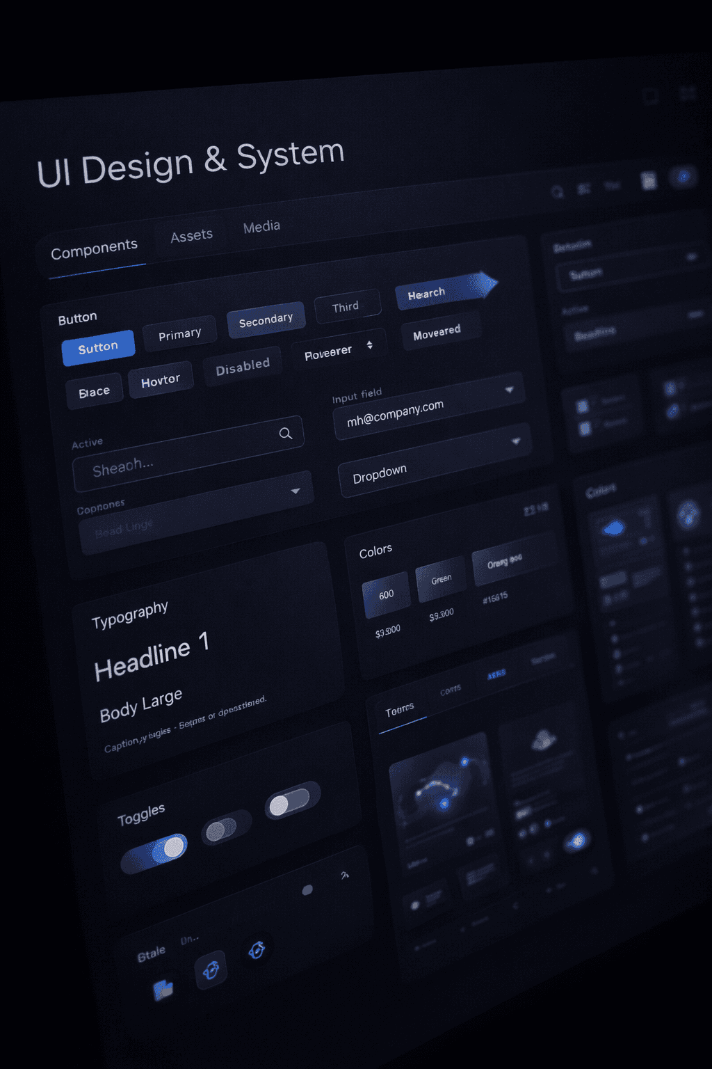 Design system component library in dark mode featuring buttons, inputs, typography styles, toggles, and color swatches organized in a UI grid.