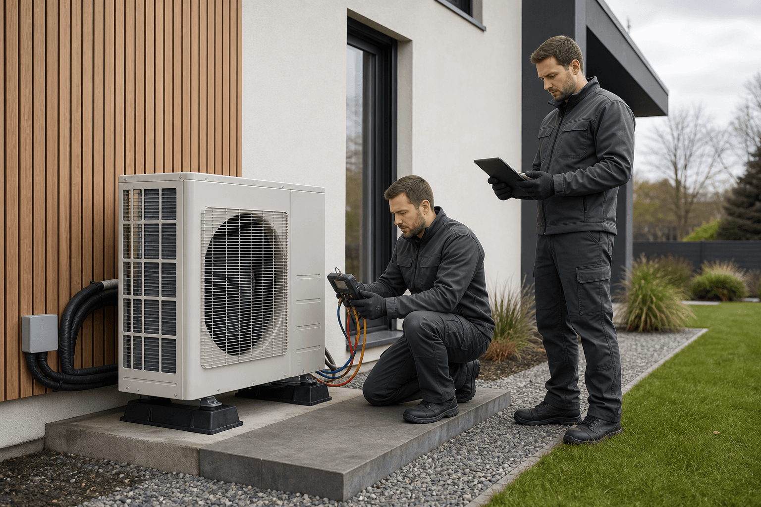 Two HVAC technicians commissioning a new residential air-source heat pump outdoor unit