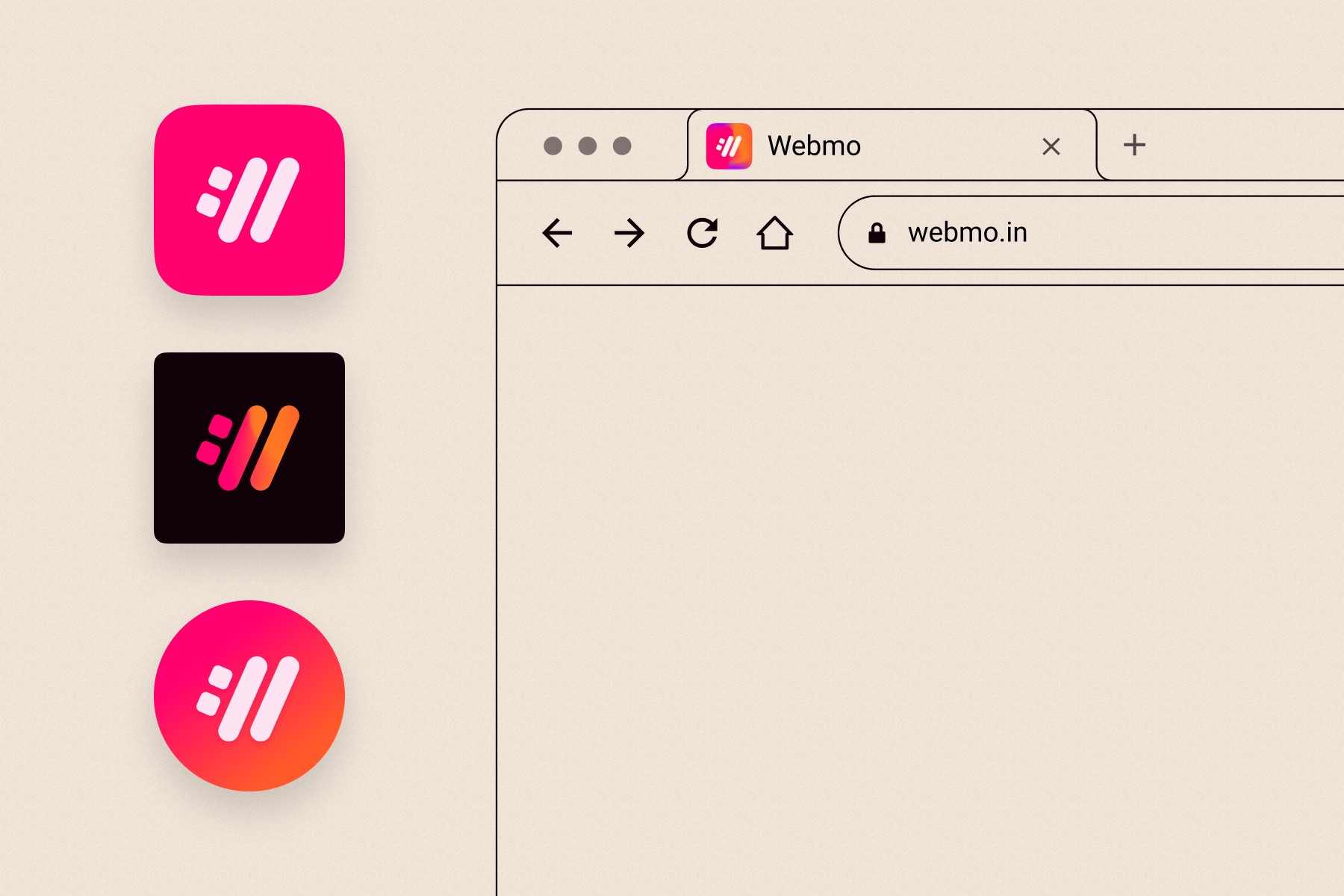 Logo design for "webmo deluxe" app, featuring two clean and minimalistic color icons in pink orange black and white on top of the minimalist macos web search bar. The icon should have an aesthetic similar to Apple's i clang logo, with simple shapes and flat colors. It must convey a sense of modernity while maintaining simplicity. Use a neutral background that highlights the vibrant colours of each symbol without any text or letters.