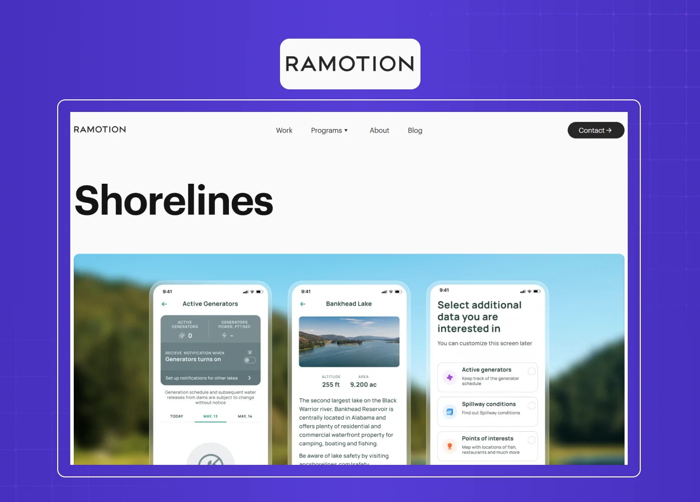 Website design showcase from Ramotion displaying the Shorelines mobile product experience.