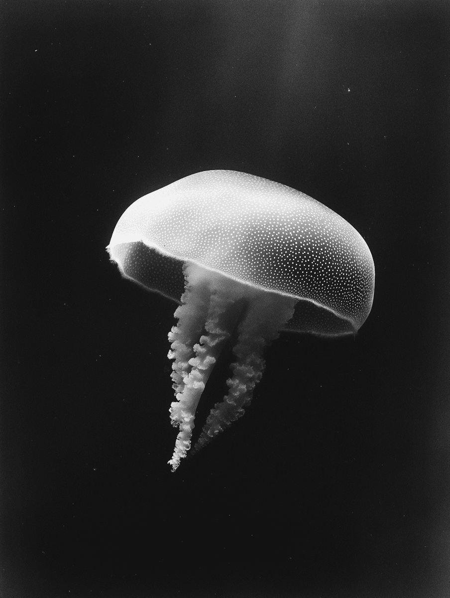 A jellyfish gracefully drifting in water, illuminated against a dark background.