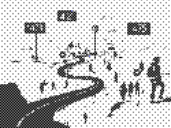 A black and white illustration of a winding road leading to a destination with various people walking along the path and milestones indicating distances.