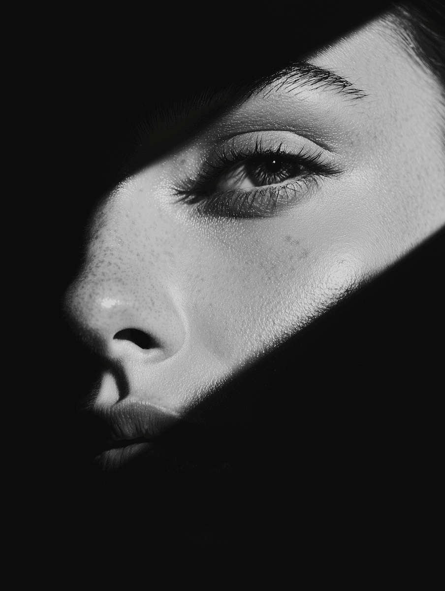 A close-up of a woman's face partially shadowed, showcasing her eye and side profile in high contrast.