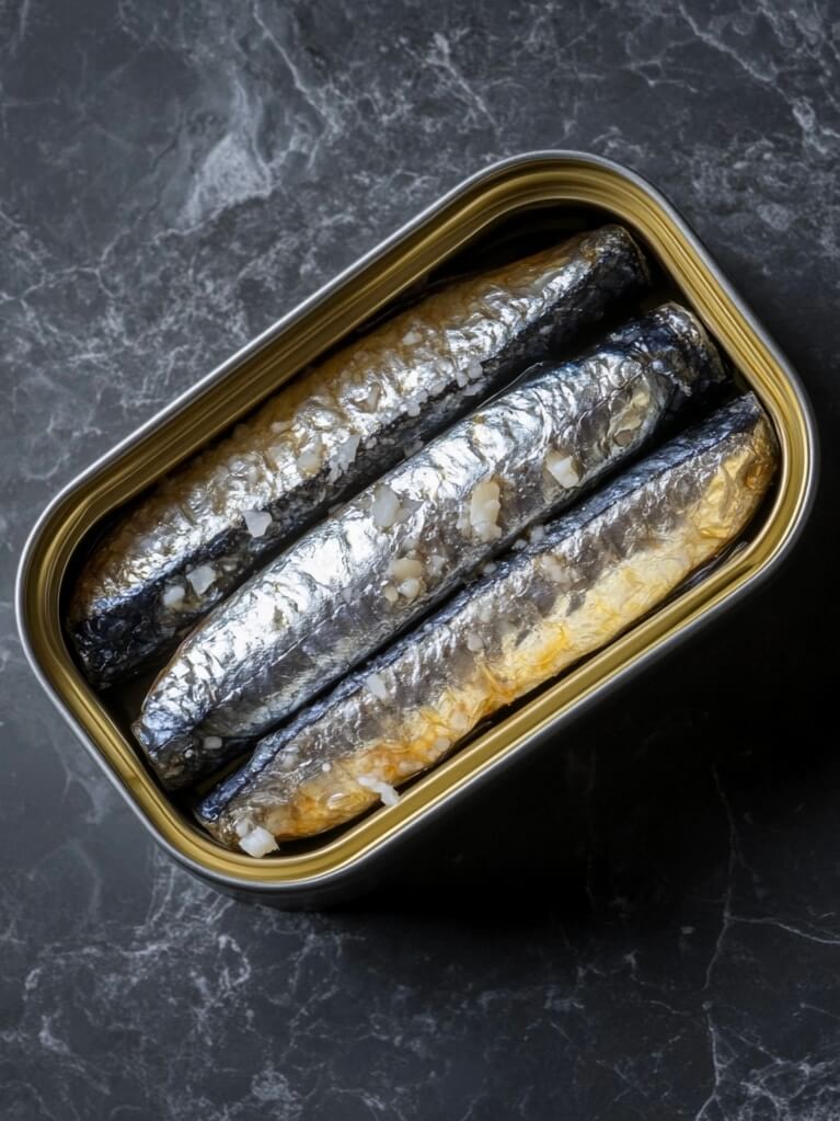 Close up of a square can containing three canned sardines, sitting on a dark grey marble tabletop.