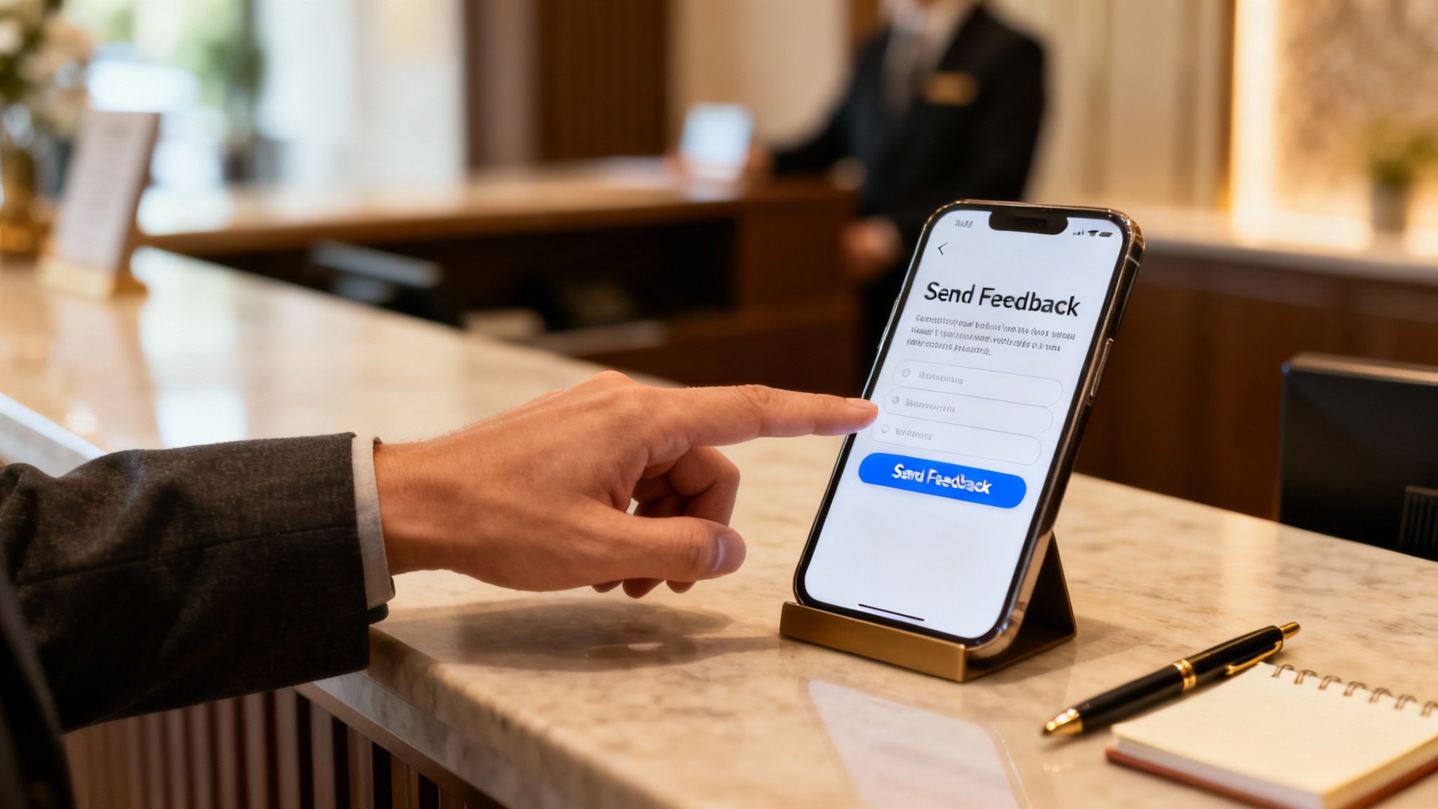 A person's hand taps a smartphone displaying a 'Send Feedback' form on a hotel reception desk.
