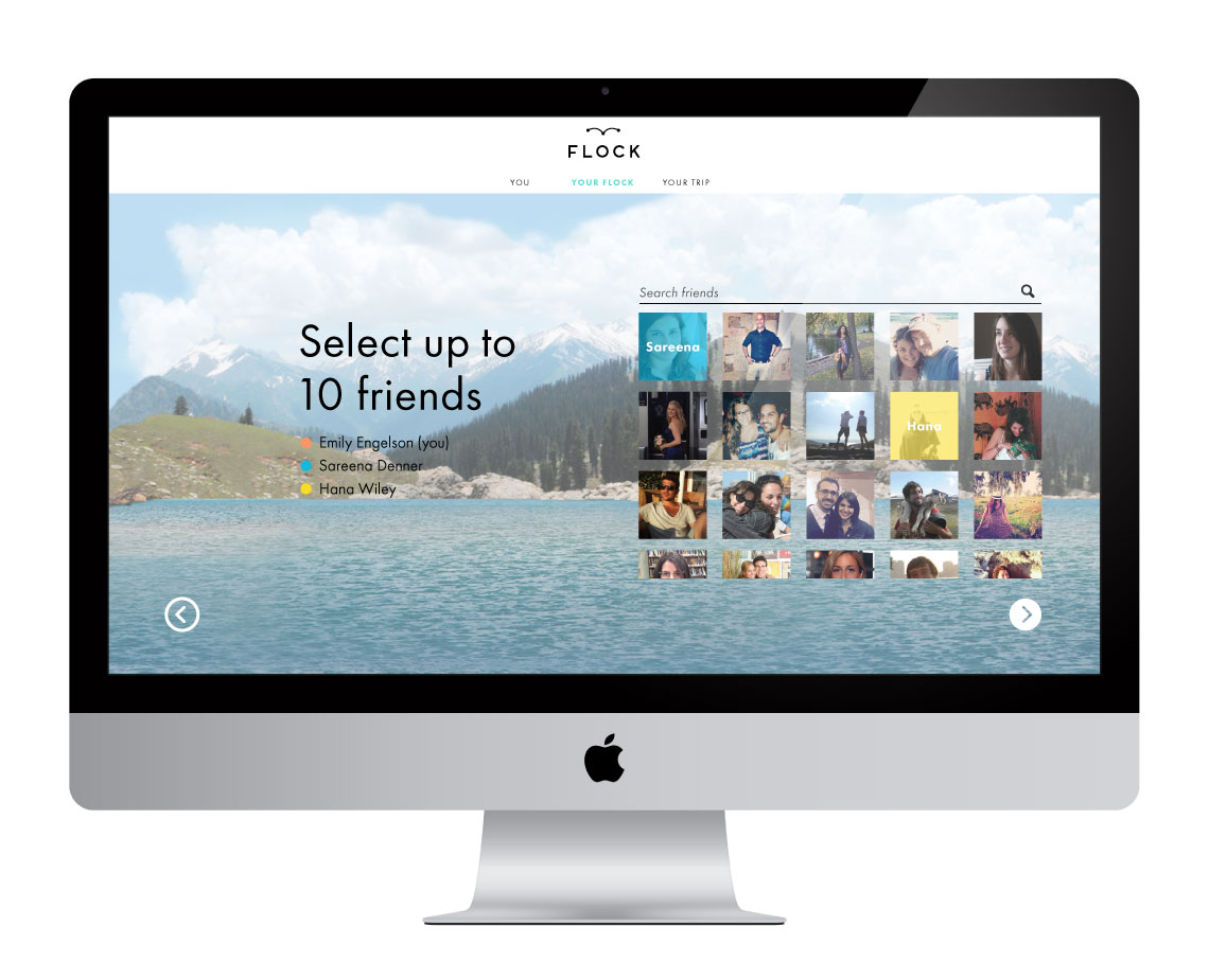 A silver Apple iMac computer displays a website titled “FLOCK” with a navigation bar at the top. The screen shows a search bar labeled “Search friends” and a background image of a lake and mountains. Below the search bar, the text “Select up to 10 friends” appears, with names listed: Emily Engelson, Emma Sareena Denner, and Hana Wiley. To the right of the search bar, a grid of thumbnail photos is visible. The computer’s silver stand and Apple logo are centered below the screen.