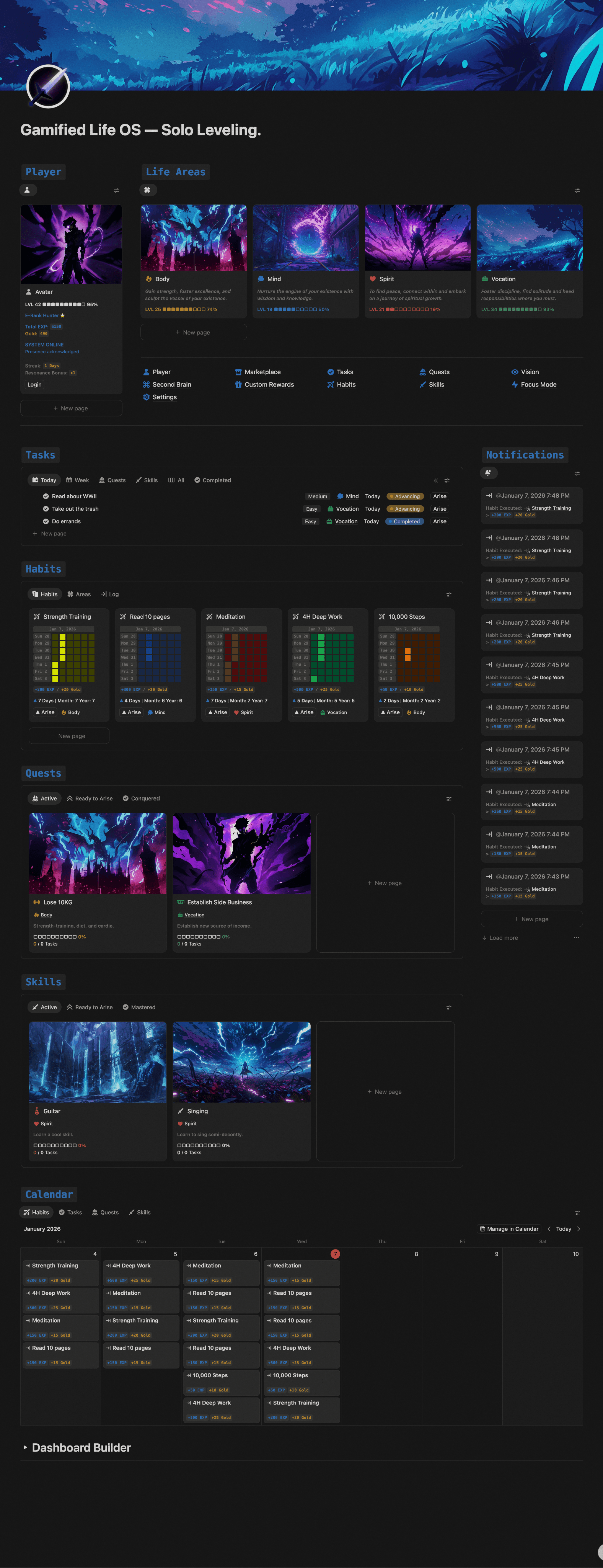 Preview image of the Gamified Life OS Notion template in a askewed, white dashboard. The imagery shows a distinct lo-fi cartoon style, vibrant green landscape.