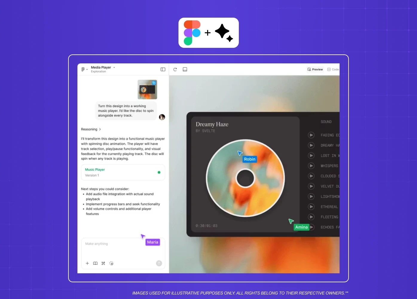 AI-assisted design workflow within Figma showing conversational design support and interactive prototyping.
