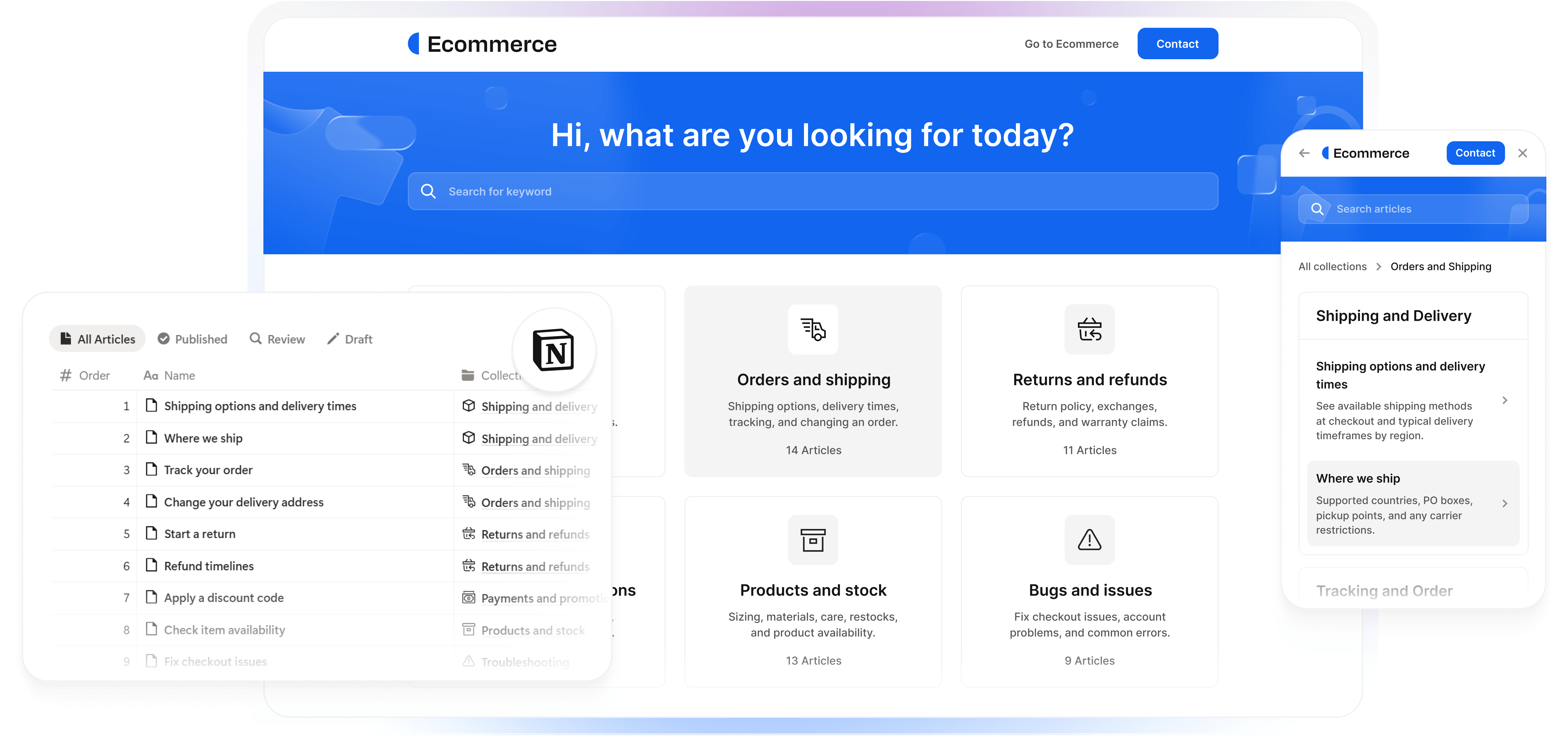 Ecommerce help center built from a Notion workspace showing orders, shipping, returns, and support articles.
