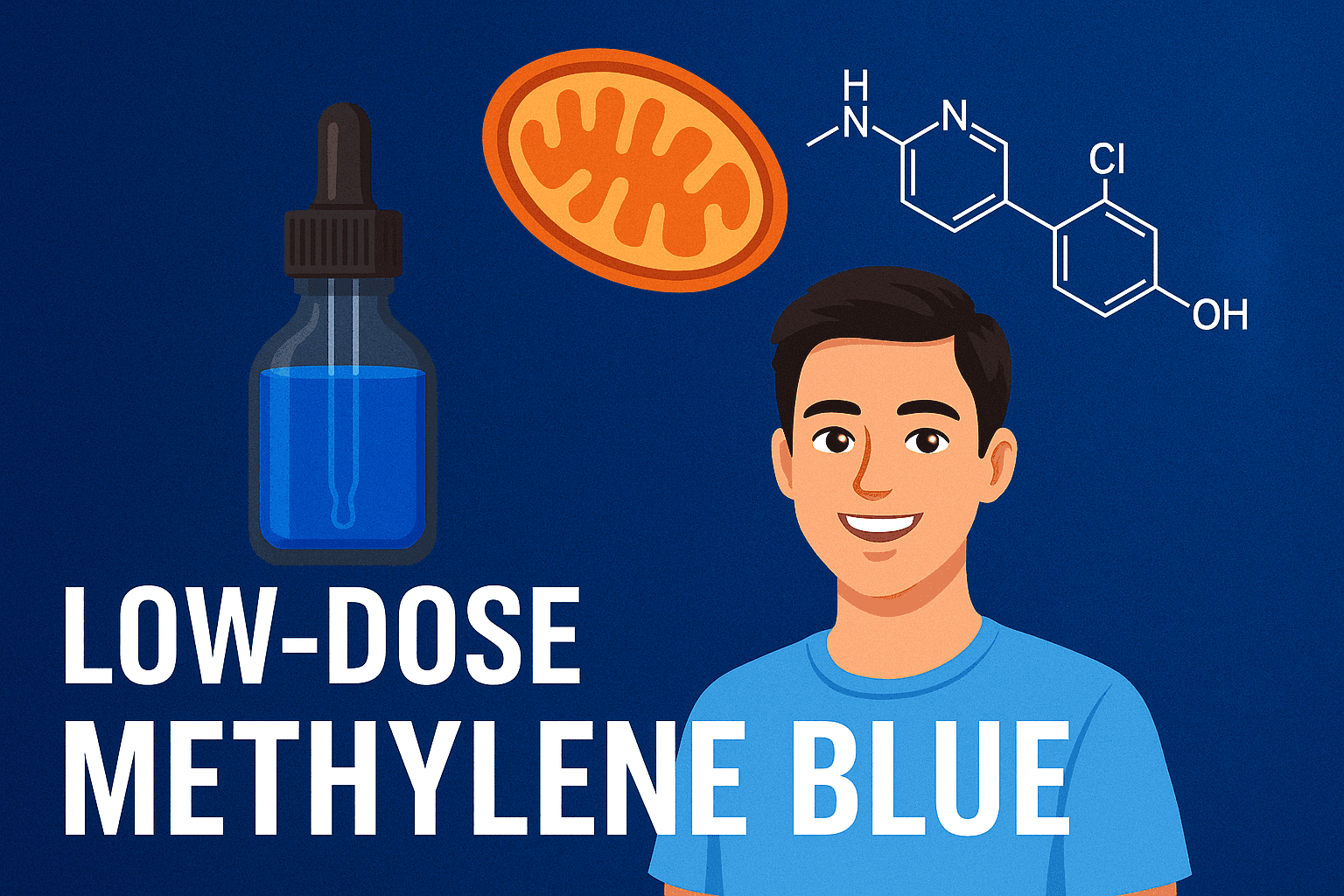 Illustration for low-dose methylene blue: dropper bottle, mitochondrion and chemical structure