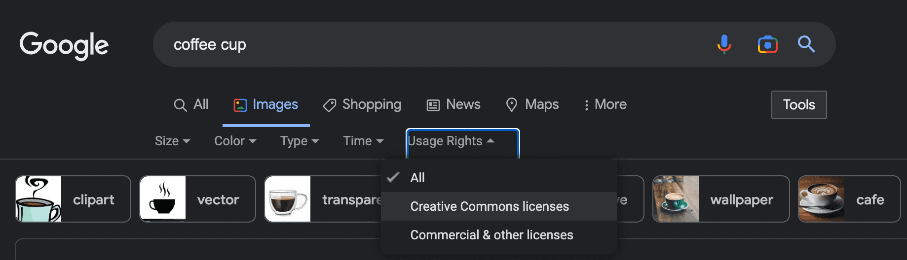 Google Layout Searching for coffee cup
