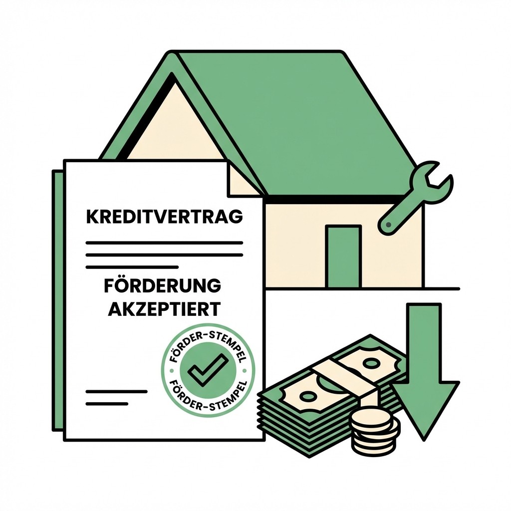 Grafik für Immobilienfinanzierung: Haus, Geldbündel mit %-Zeichen und ein Stern-Siegel, das darauf zeigt.