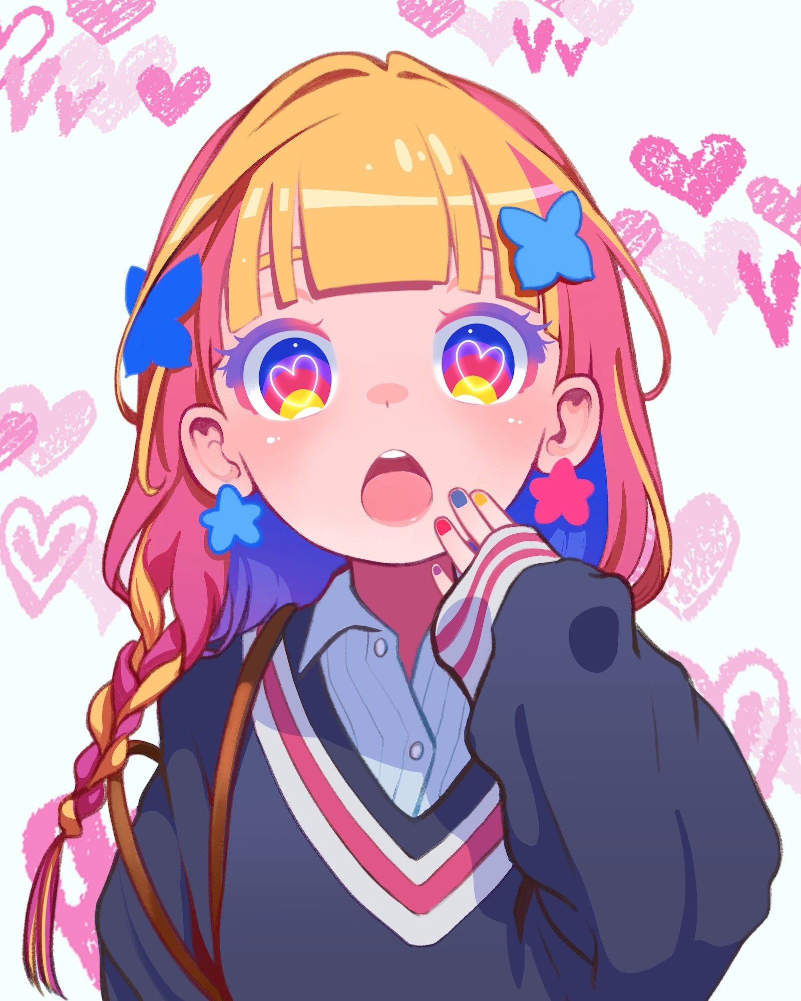 可愛女孩插畫｜亮眼愛心瞳孔表情｜粉彩風角色設計