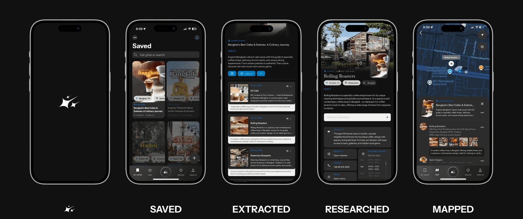 glide's AI extracts all the recommendations and spots from your reel or post, researches all the items from sources ranging from reddit, to google to tripadvisor, and more -> adding rich details like operational times, menu, dressing options, nearby attractions and more to the places and then finally pins it on a map so that when you need to go out, all your saves are at your fingertips!