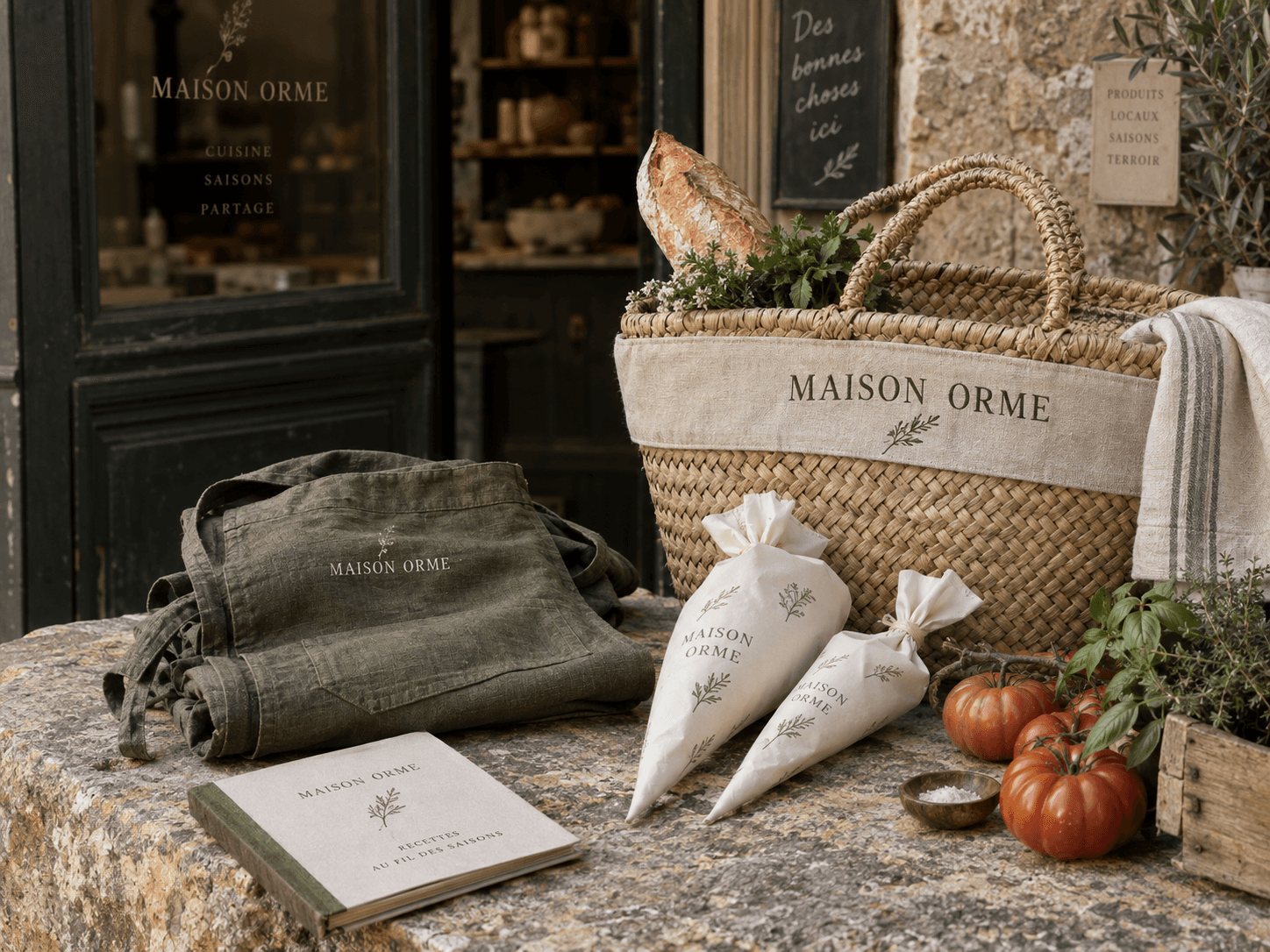 Branded culinary collection with a basket, apron, pastry bags and recipe book