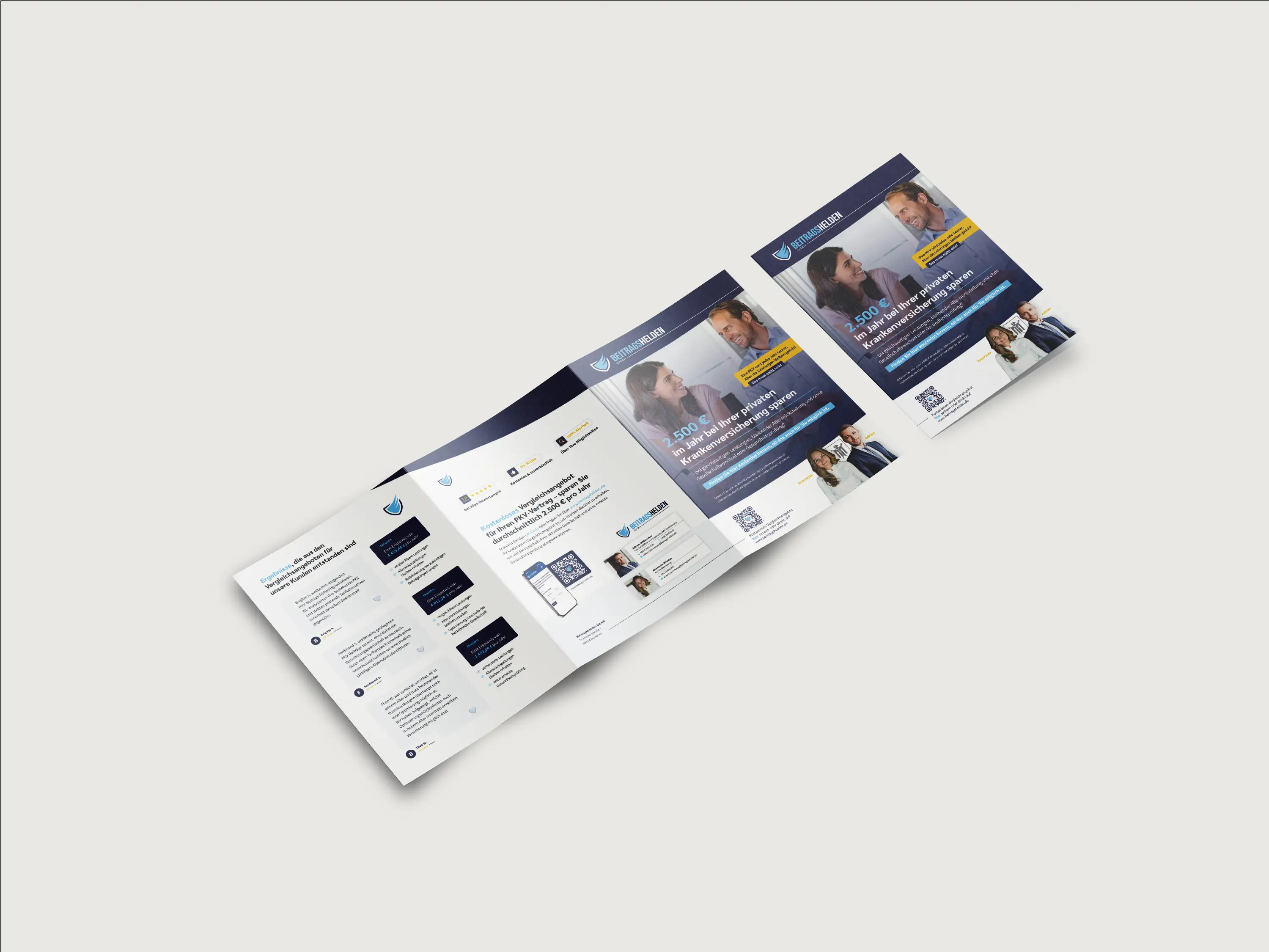 Aufgeklapptes Faltblatt-Design für die Beitragshelden GmbH mit Titelseite zum PKV-Beitragsvergleich, gestaltet von BNR-Design