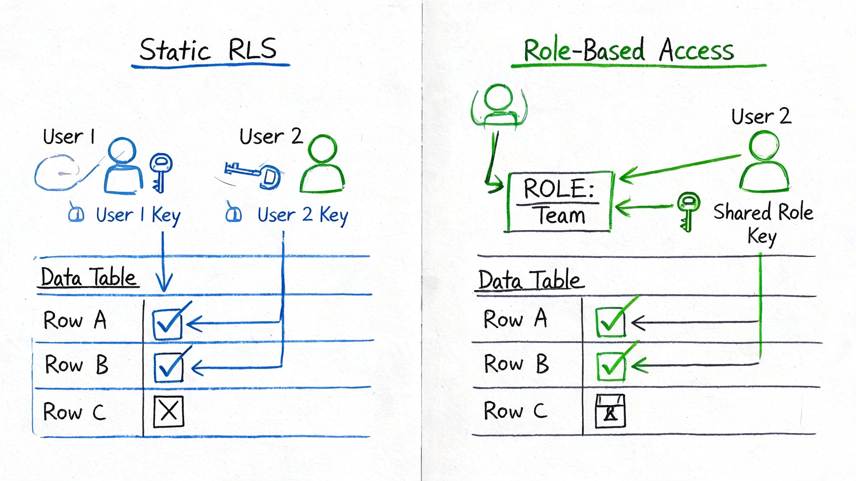 A diagram comparing static row level security with individual keys versus role-based access with shared keys.