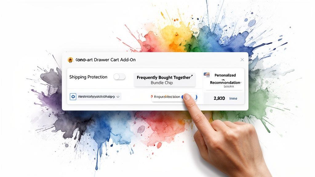 A hand interacts with an e-commerce pop-up offering shipping protection, bundles, and personalized recommendations.