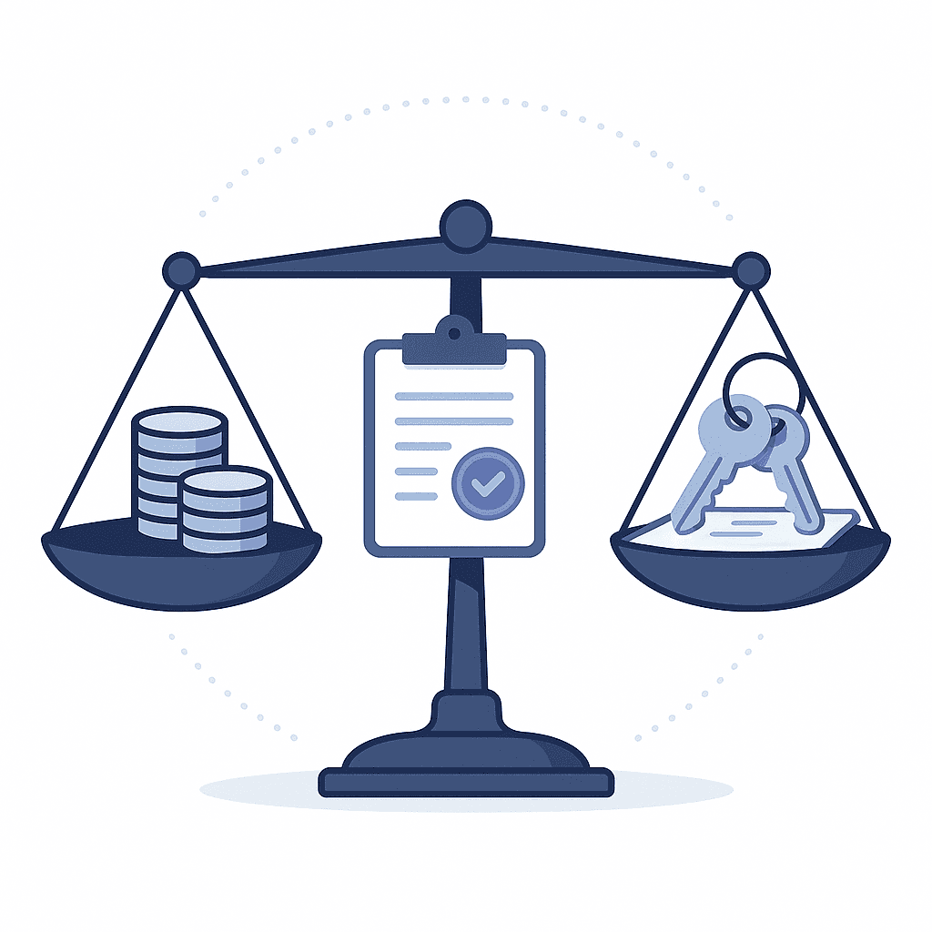 Balanced scale with icons for interest, origination fees, and closing costs weighted equally.