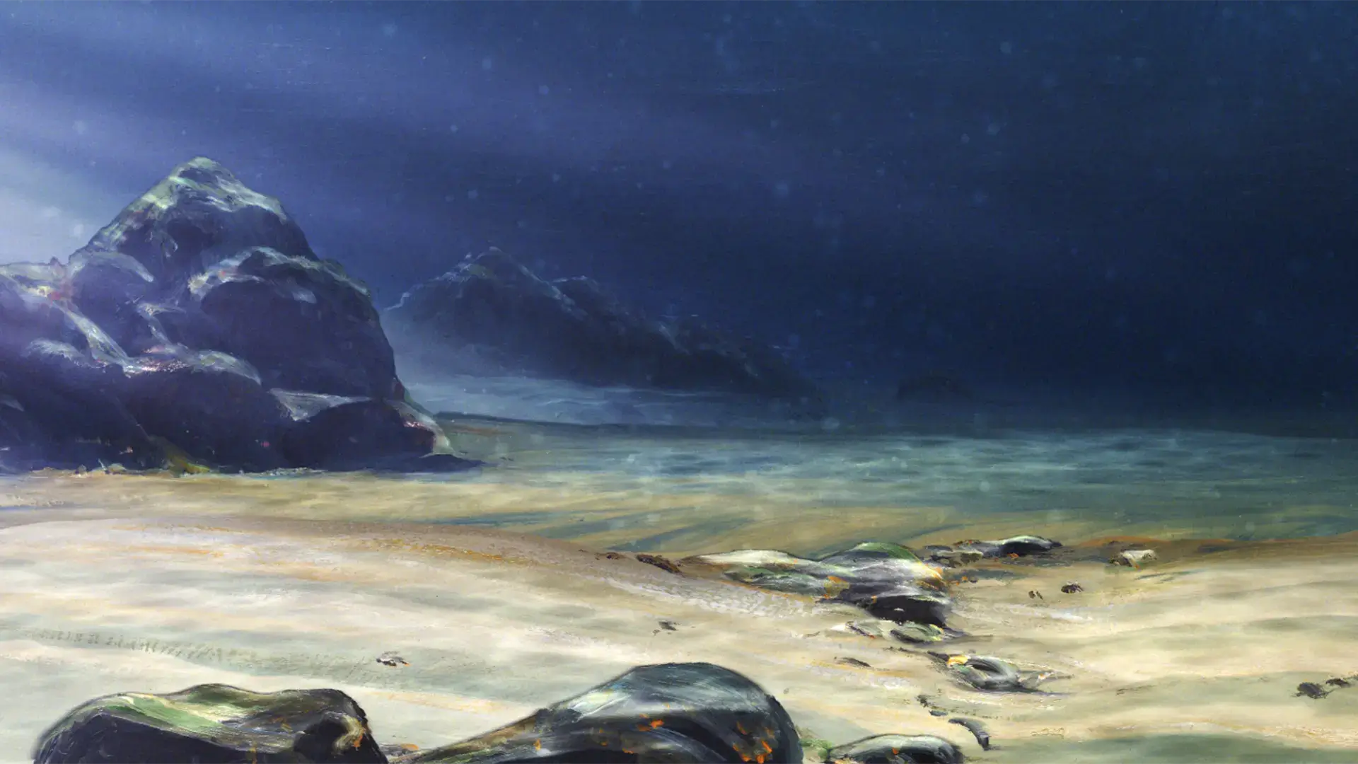 Umělecká malba hlubinné scény pod hladinou. Temné obrysy skal a tlumené světlo dotváří hloubku příběhu o vodě.