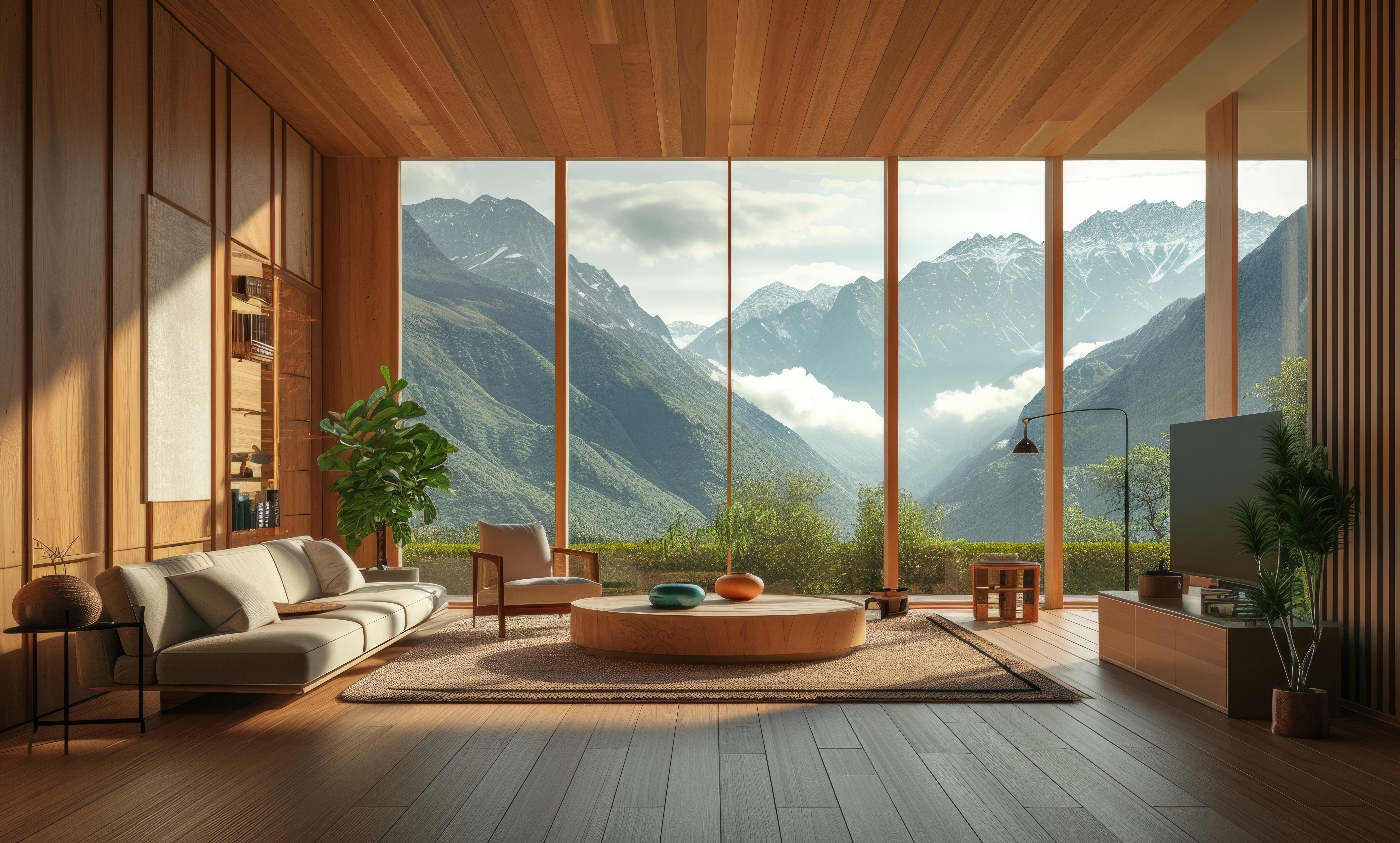 Salon lumineux avec grandes baies vitrées et vue sur la montagne, design d’intérieur au Pays Basque par CDdeco