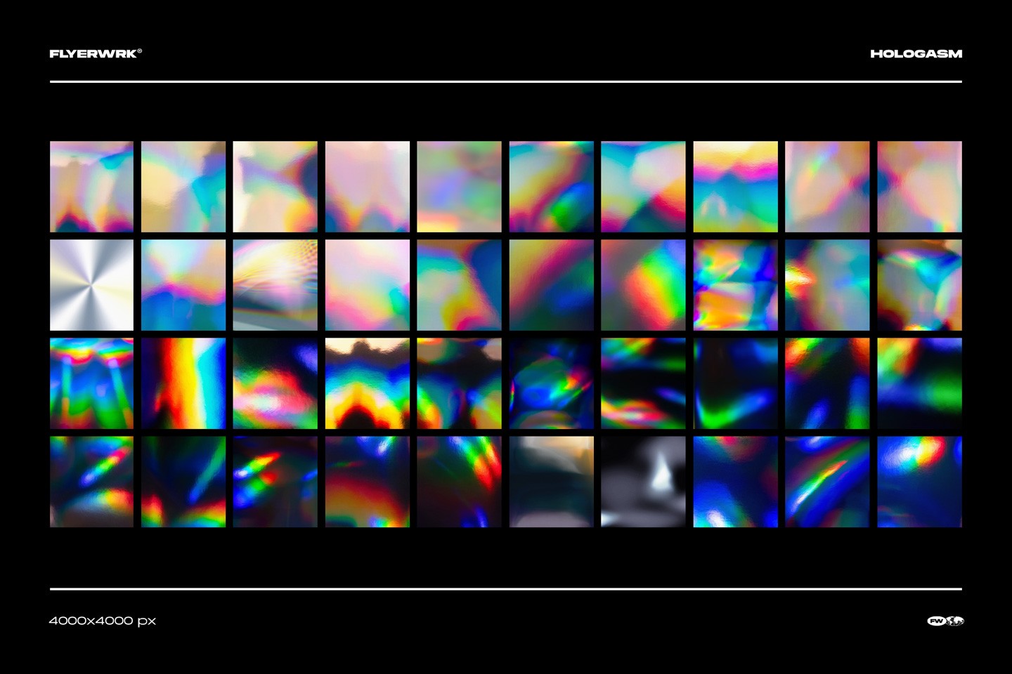 Hologasm iridescent backgrounds complete collection grid overview featuring forty unique high resolution iridescent textures