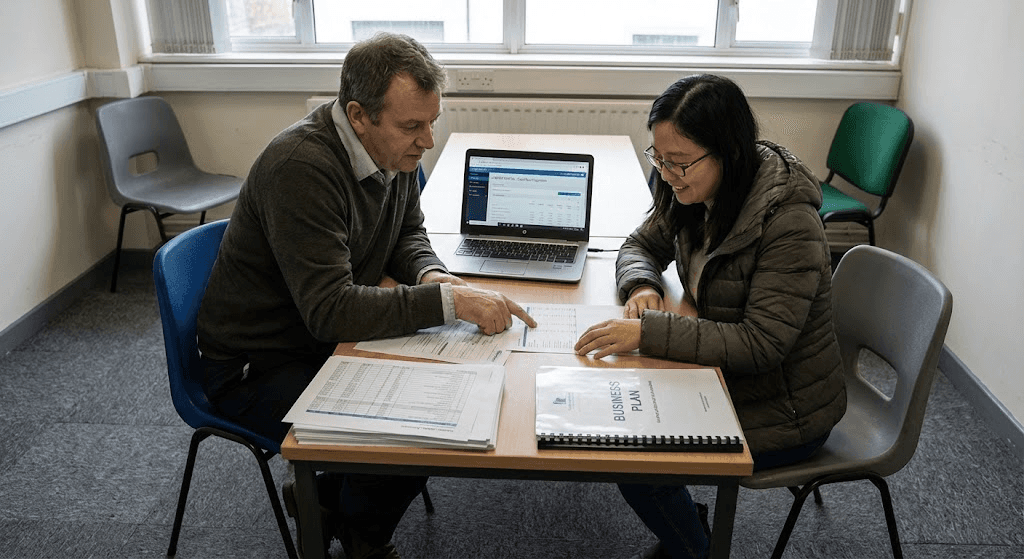 Four workers in black coveralls walk through an industrial facility.