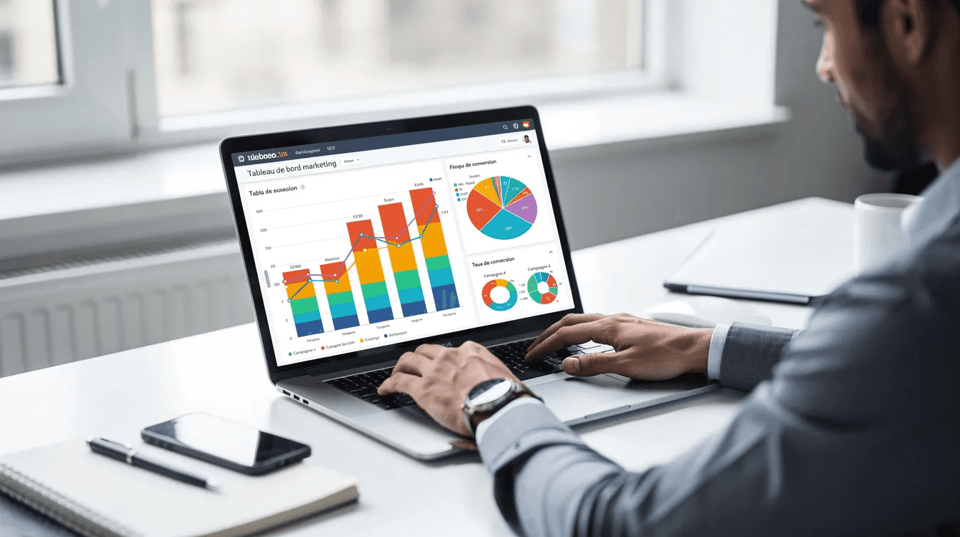 Une personne travaille sur un ordinateur portable, avec des graphiques marketing affichés à l'écran, illustrant des stratégies de génération de leads et l'importance d'un bon lead magnet pour attirer des prospects. L'image met en avant un environnement de travail axé sur la création de contenu premium et l'optimisation du taux de conversion.