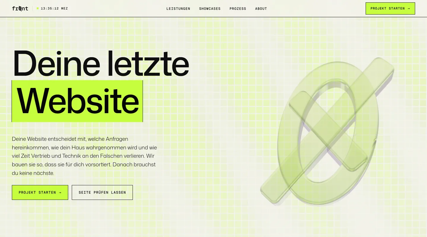 Startseite von fr0nt.de mit der Ueberschrift Deine letzte Website und den Kennzahlen aus der Systemhaus-Erhebung