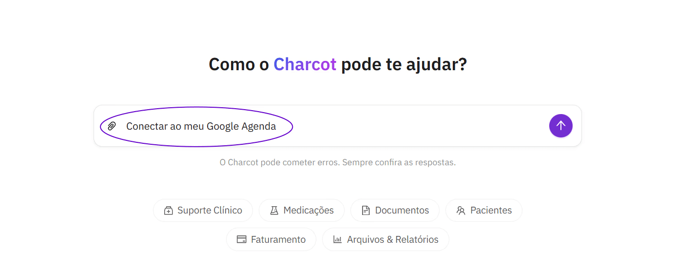 Campo de chat do Charcot com a mensagem 'Conectar ao meu Google Agenda' digitada para iniciar a integração