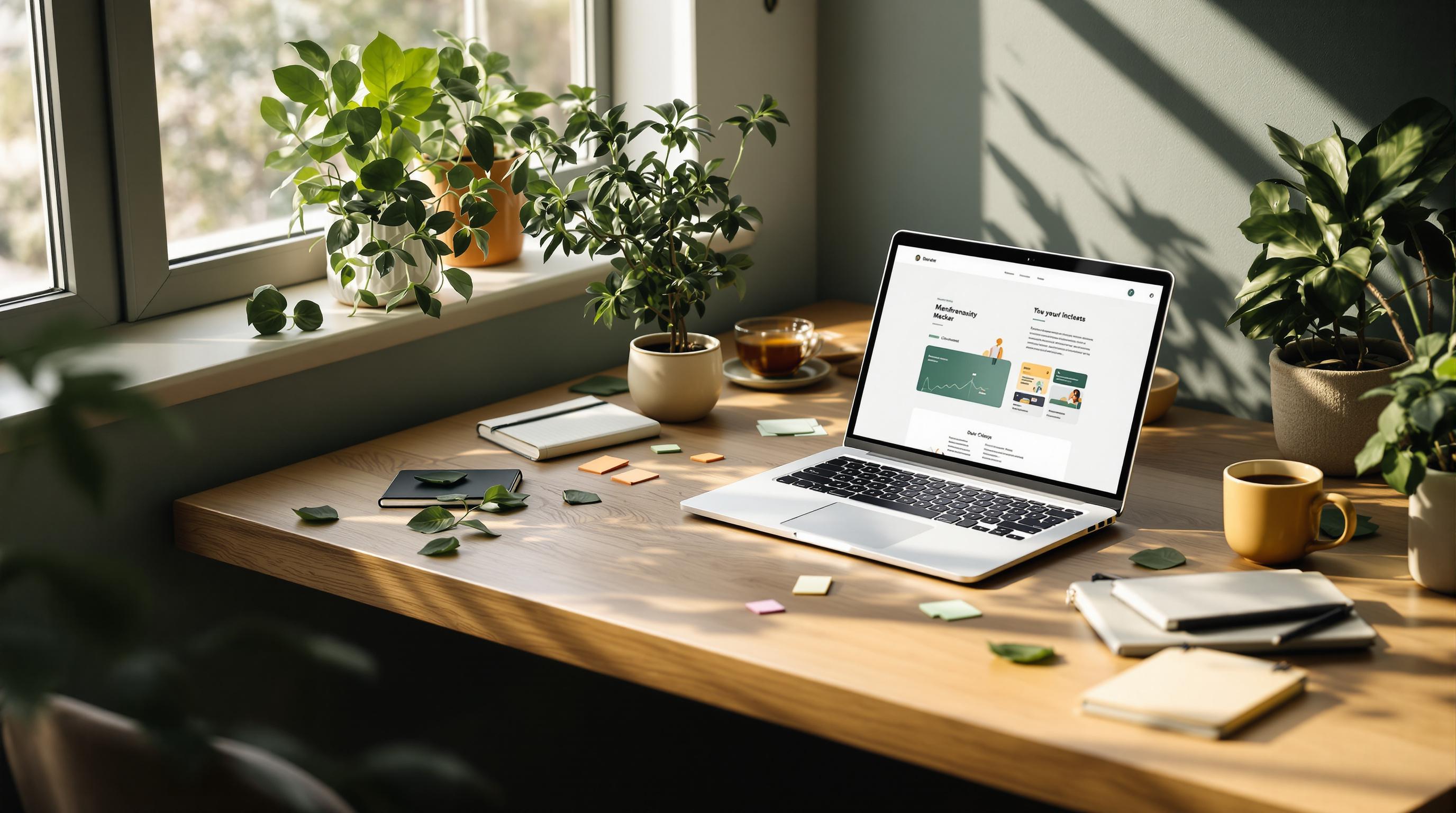 A desk with nice house plants and a laptop showing a website.