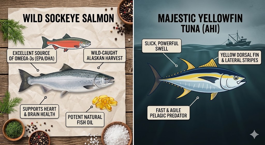 A side-by-side informational graphic comparing Wild Sockeye Salmon and Majestic Yellowfin Tuna (Ahi) with visual labels. The salmon side (left) features a real fish, rich Omega-3 fish oil, and labels for Wild-Caught Alaskan Harvest, supports heart & brain health, and potent natural fish oil. The tuna side (right) shows an illustration with labels for slick powerful swell, yellow dorsal fin & lateral stripes, fast & agile pelagic predator, and commercial tuna graphics. The image serves as a educational guide for Indian consumers comparing different fish choices based on health benefits and characteristics.