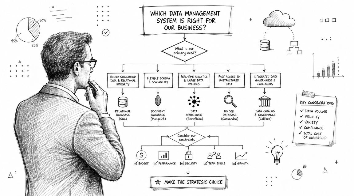 A professional illustration of a businessman contemplating a flowchart choosing the right data management system for business.