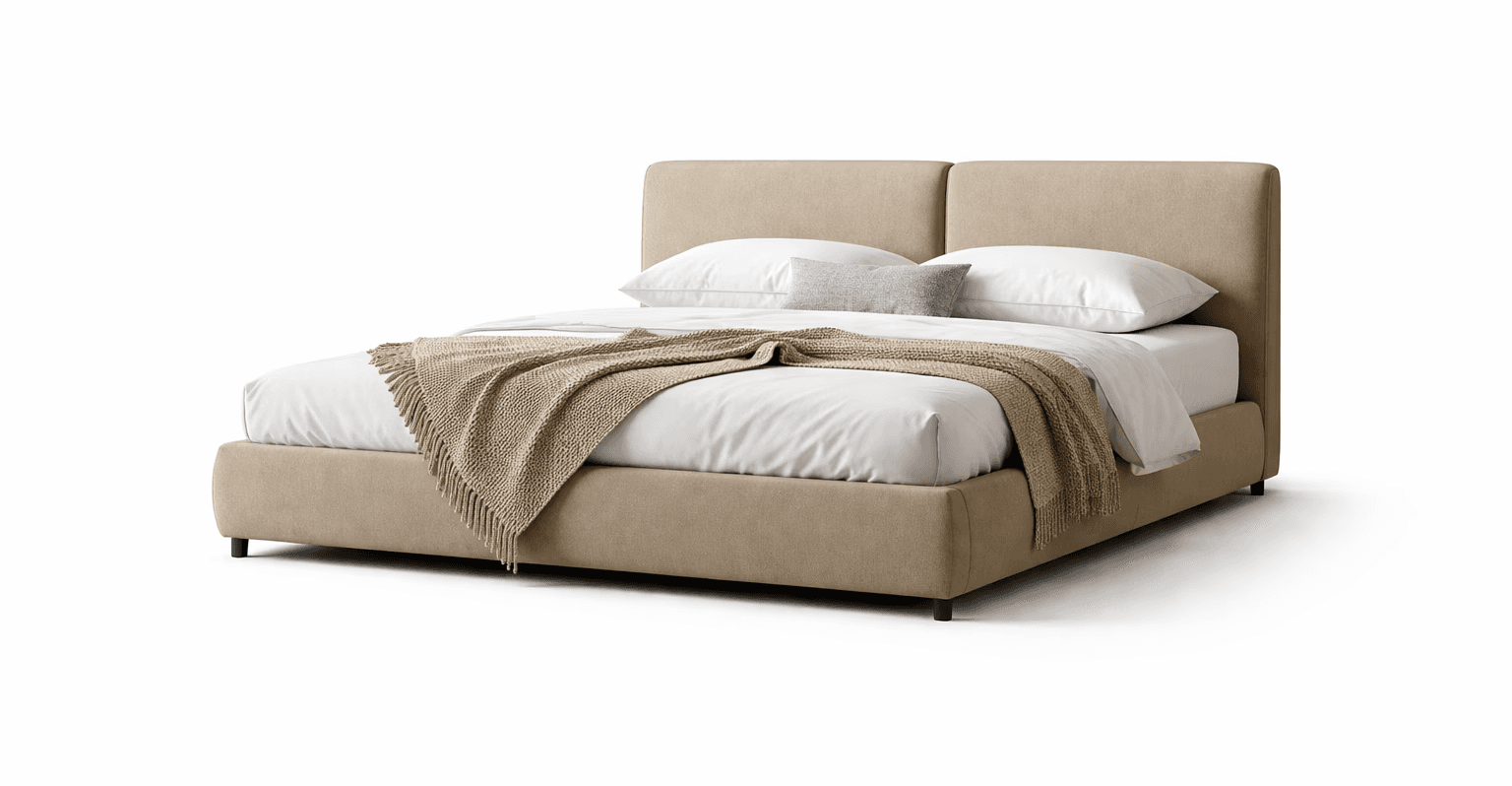 Minimal bed frame with broad mattress support, soft upholstery, and grounded stance